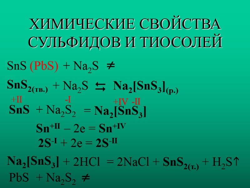 ХИМИЧЕСКИЕ СВОЙСТВА СУЛЬФИДОВ И ТИОСОЛЕЙ SnS  (PbS)  + Na2S   SnS2(тв.)